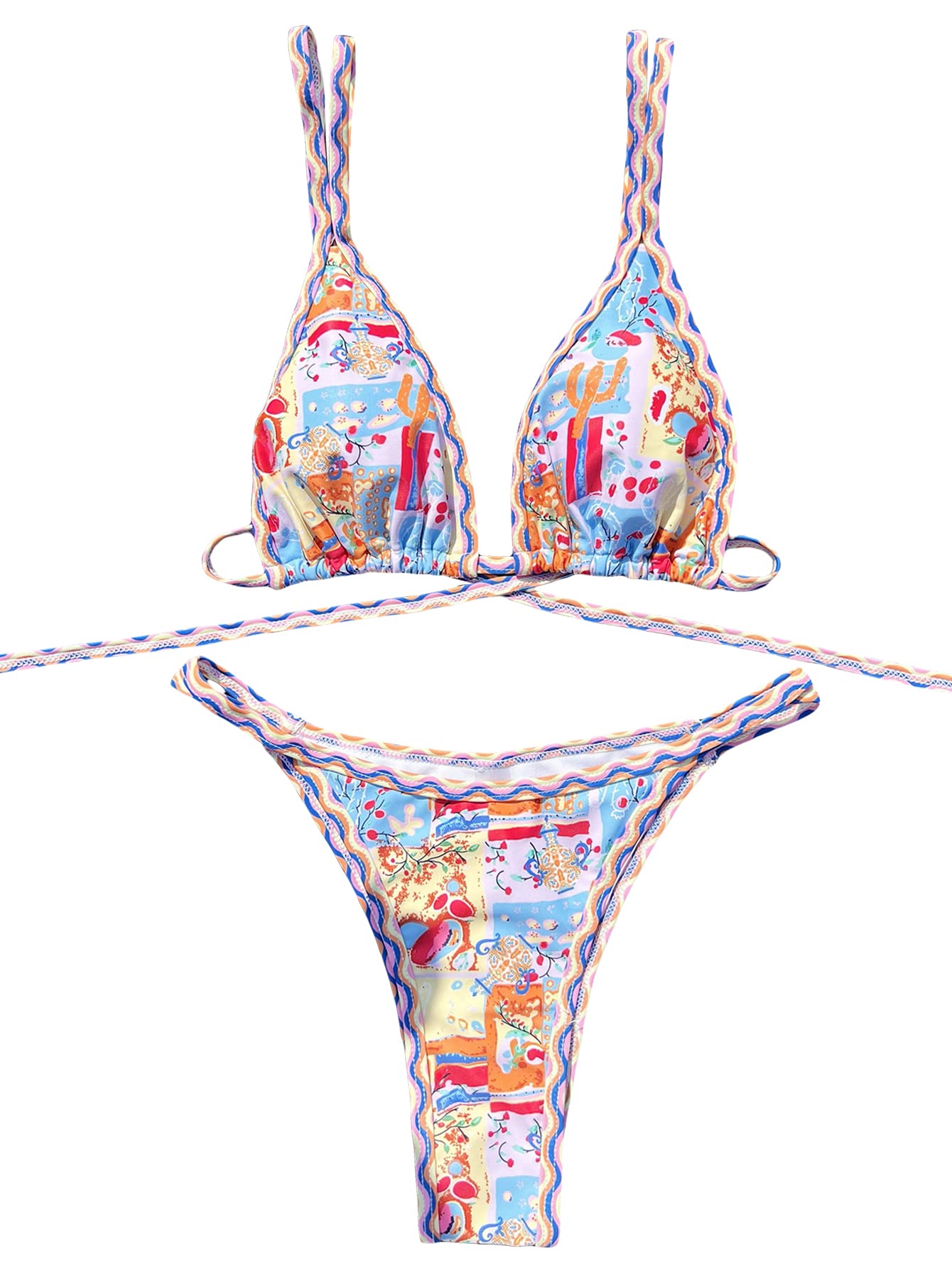 COZYEASE Womens Two Piece Swimsuit Micro Triangle Thong Bikini Sexy Bathing Suit Multicolor Print M