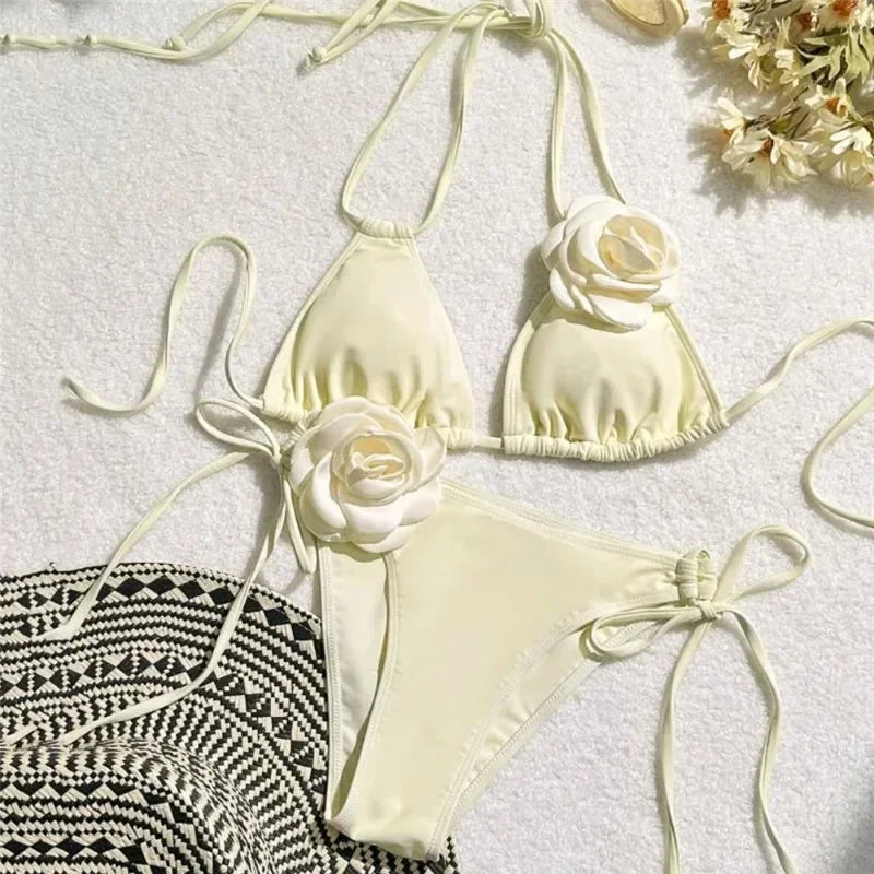 Stunning 3D Floral Lace-Up Two-Piece Bikini Set for Women - Perfect for Beach Days!