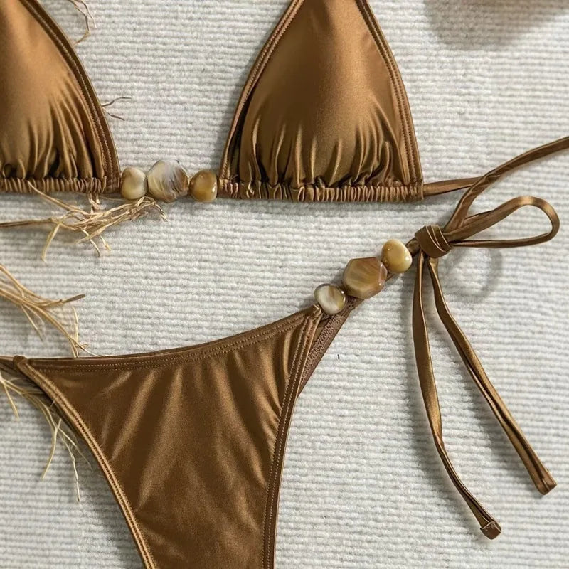 Elevate Your Swim Style with Our Shiny Brown Women's Bikini and Camisole Triangle Set - Perfect Push-Up Two-Piece!