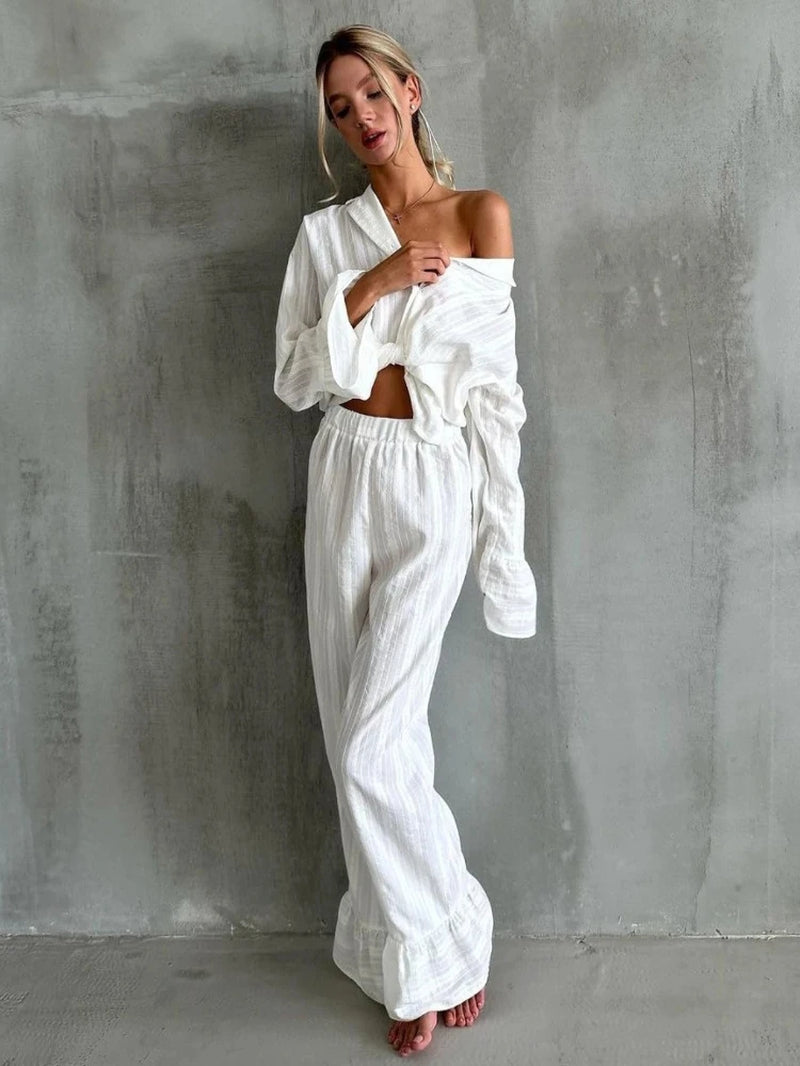 Chic Women's 100% Cotton Pajama Set - Cozy Long Sleeve Nightwear with Turn-Down Collar and Ruffle Hem