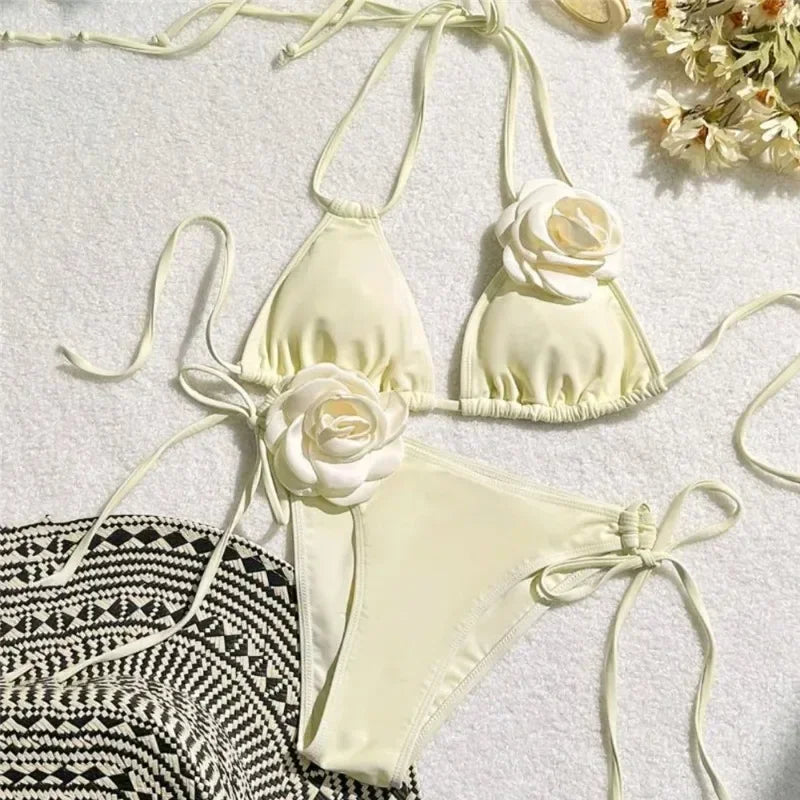 Chic Floral Bandeau Thong Bikini Set for Women - Lace-Up Beach Swimwear