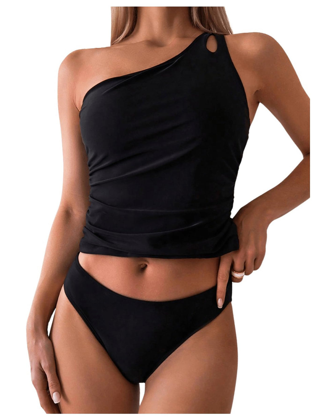 SOLY HUX Womens One Shoulder Bikini Tankini Bathing Suit Two Piece Swimsuit Plain Black Large