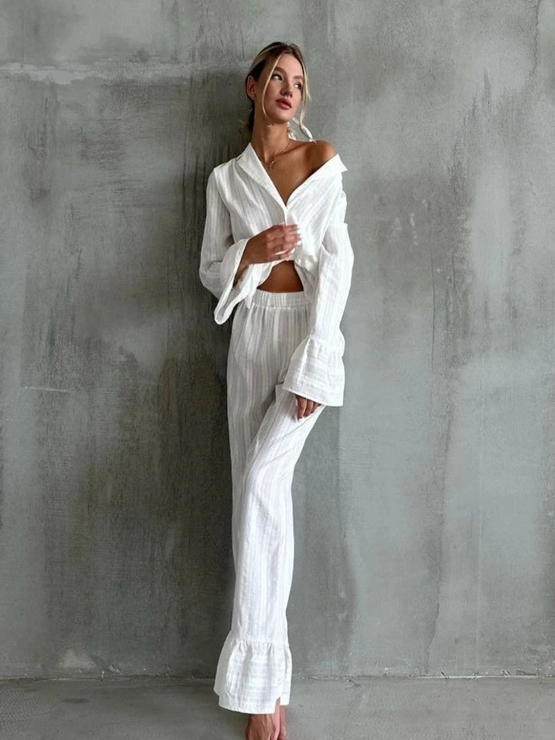Chic Women's 100% Cotton Pajama Set - Cozy Long Sleeve Nightwear with Turn-Down Collar and Ruffle Hem