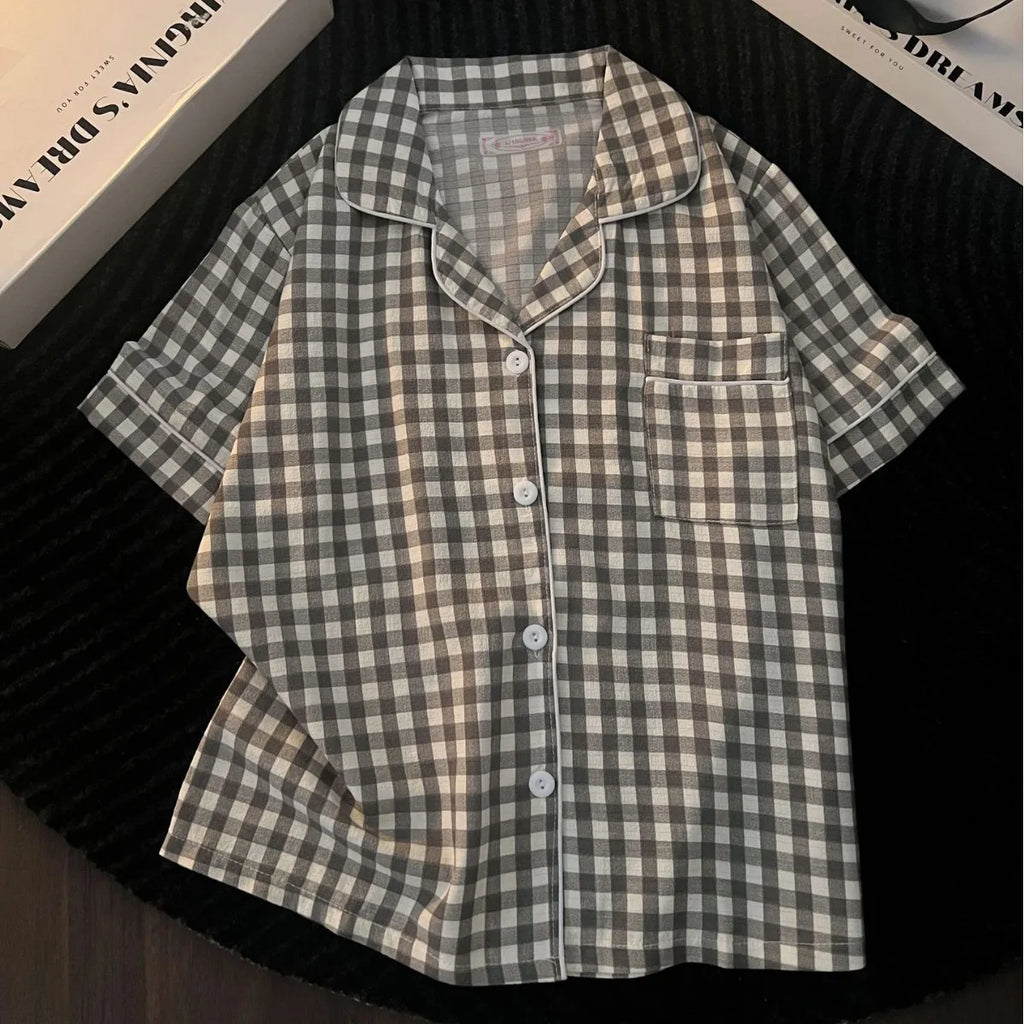 Chic Japanese-Style Summer Pajamas for Women - Cute and Comfy Short-Sleeve Set with Plaid Design