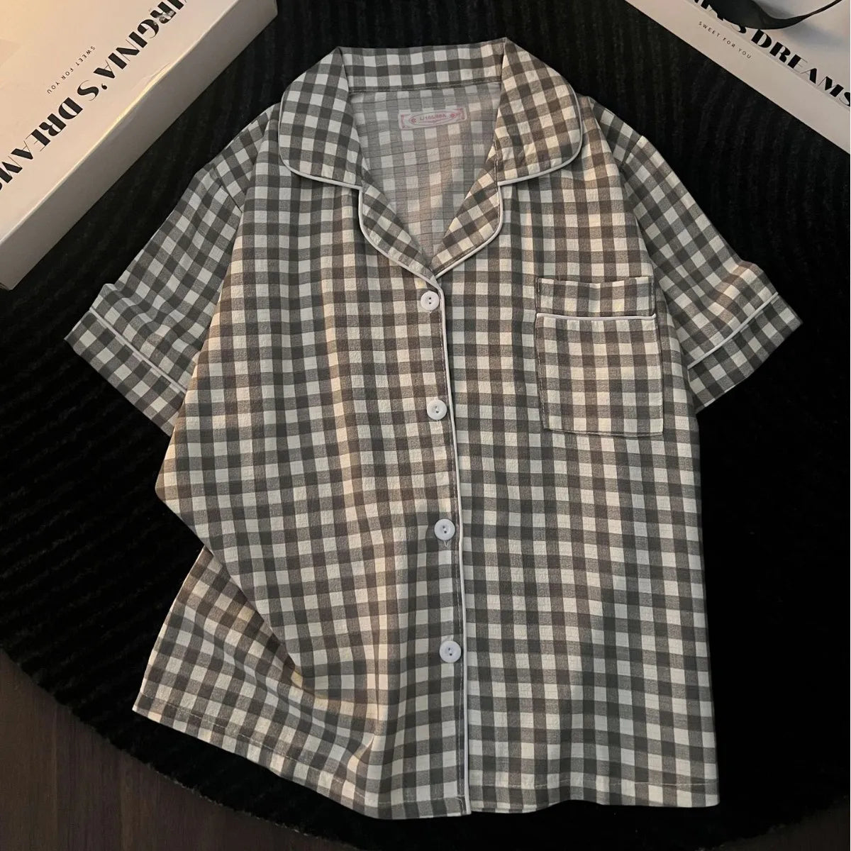 Chic Japanese-Style Summer Pajamas for Women - Cute and Comfy Short-Sleeve Set with Plaid Design