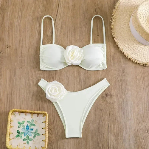 Chic Floral Bandeau Thong Bikini Set for Women - Lace-Up Beach Swimwear
