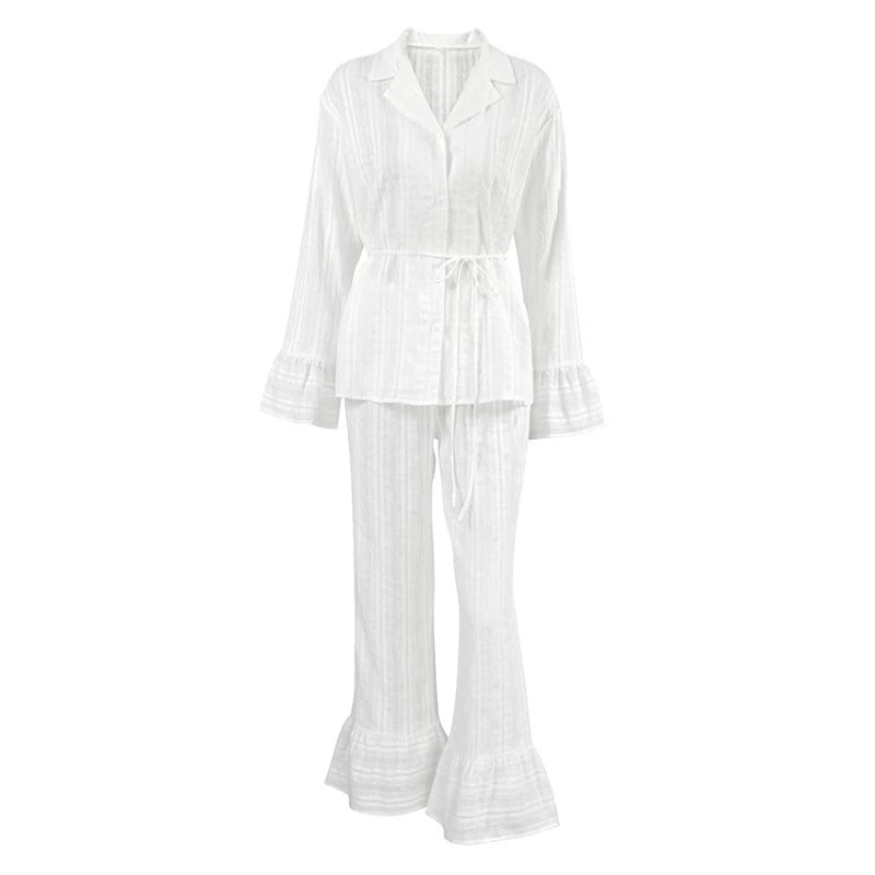 Chic Women's 100% Cotton Pajama Set - Cozy Long Sleeve Nightwear with Turn-Down Collar and Ruffle Hem