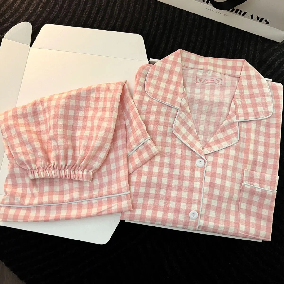 Chic Japanese-Style Summer Pajamas for Women - Cute and Comfy Short-Sleeve Set with Plaid Design