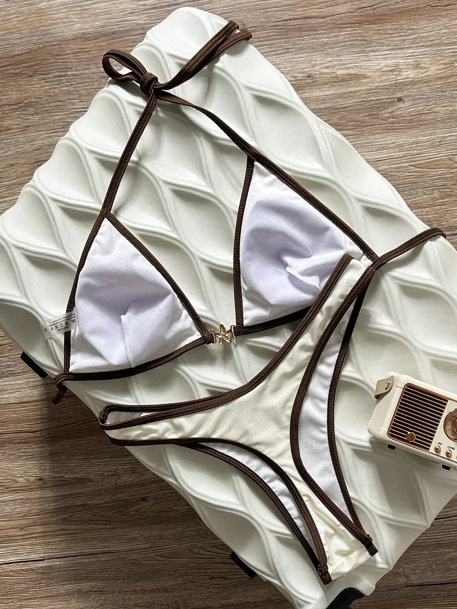 Elevate Your Summer Style with Our Luxury Satin White and Brown Trim Bikini Set - 2026 Halter Neck High Cut Swimsuit for Women