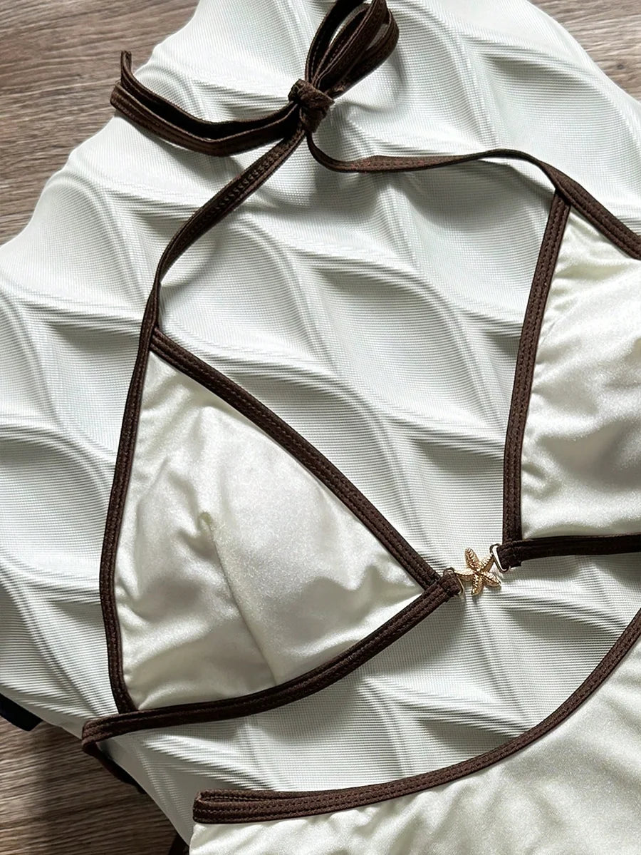 Elevate Your Summer Style with Our Luxury Satin White and Brown Trim Bikini Set - 2026 Halter Neck High Cut Swimsuit for Women