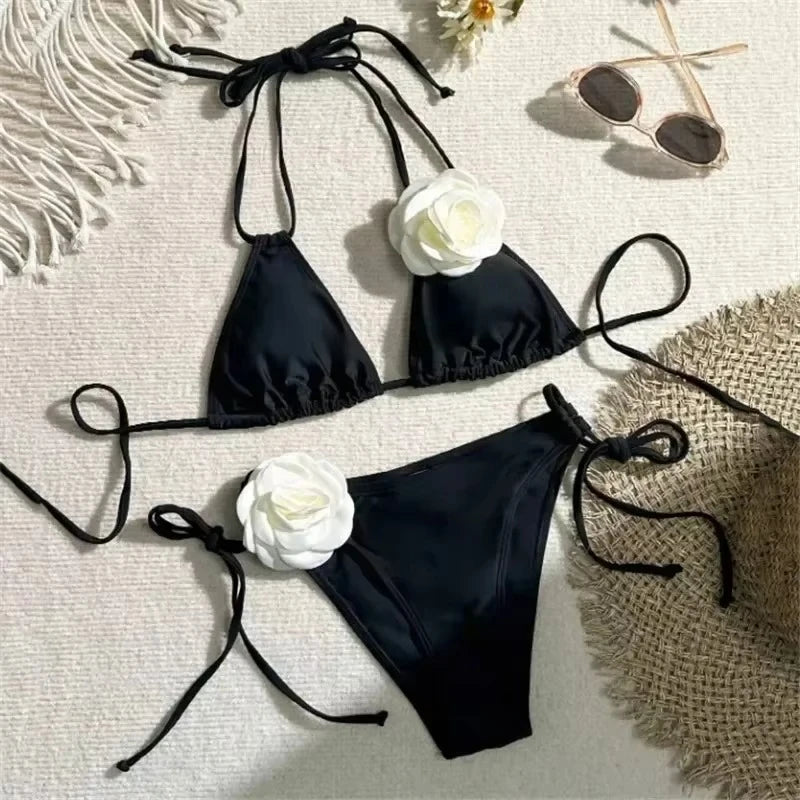 Chic Floral Bandeau Thong Bikini Set for Women - Lace-Up Beach Swimwear