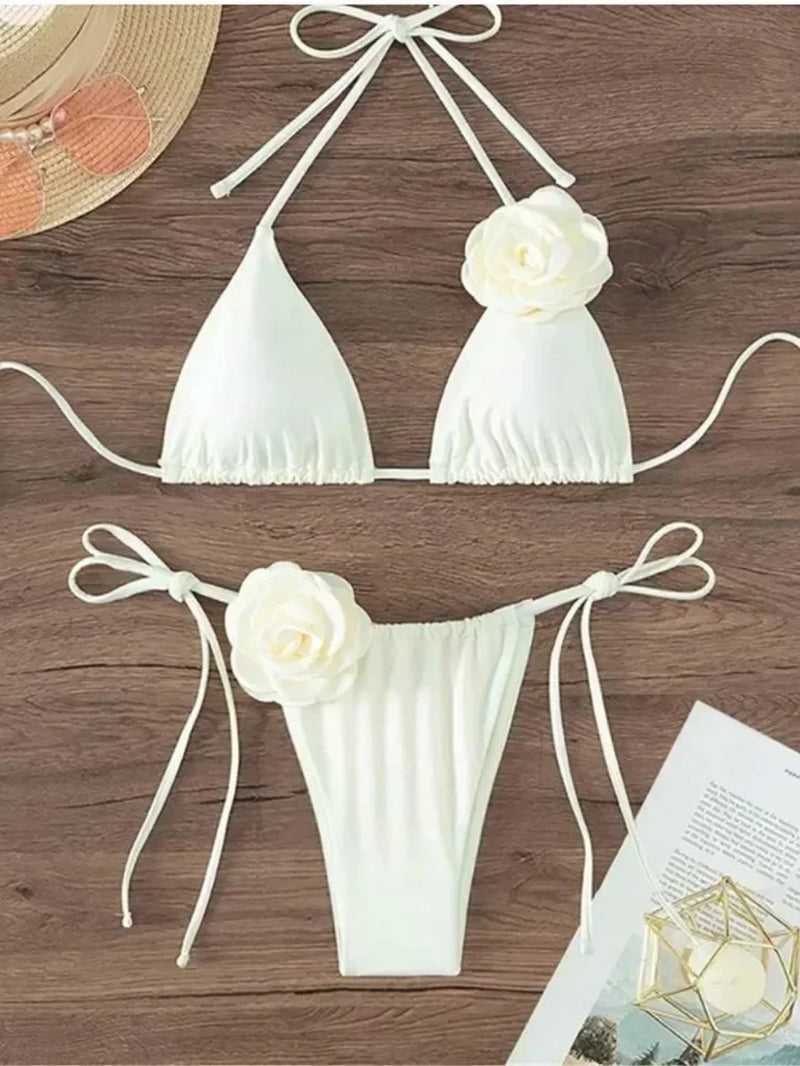 Chic Floral Bandeau Thong Bikini Set for Women - Lace-Up Beach Swimwear