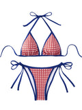 Falainetee Fourth of July Womens Plaid Gingham Bathing Suit High Waisted Halter Triangle Swimsuit Bikini Set Blue Side S