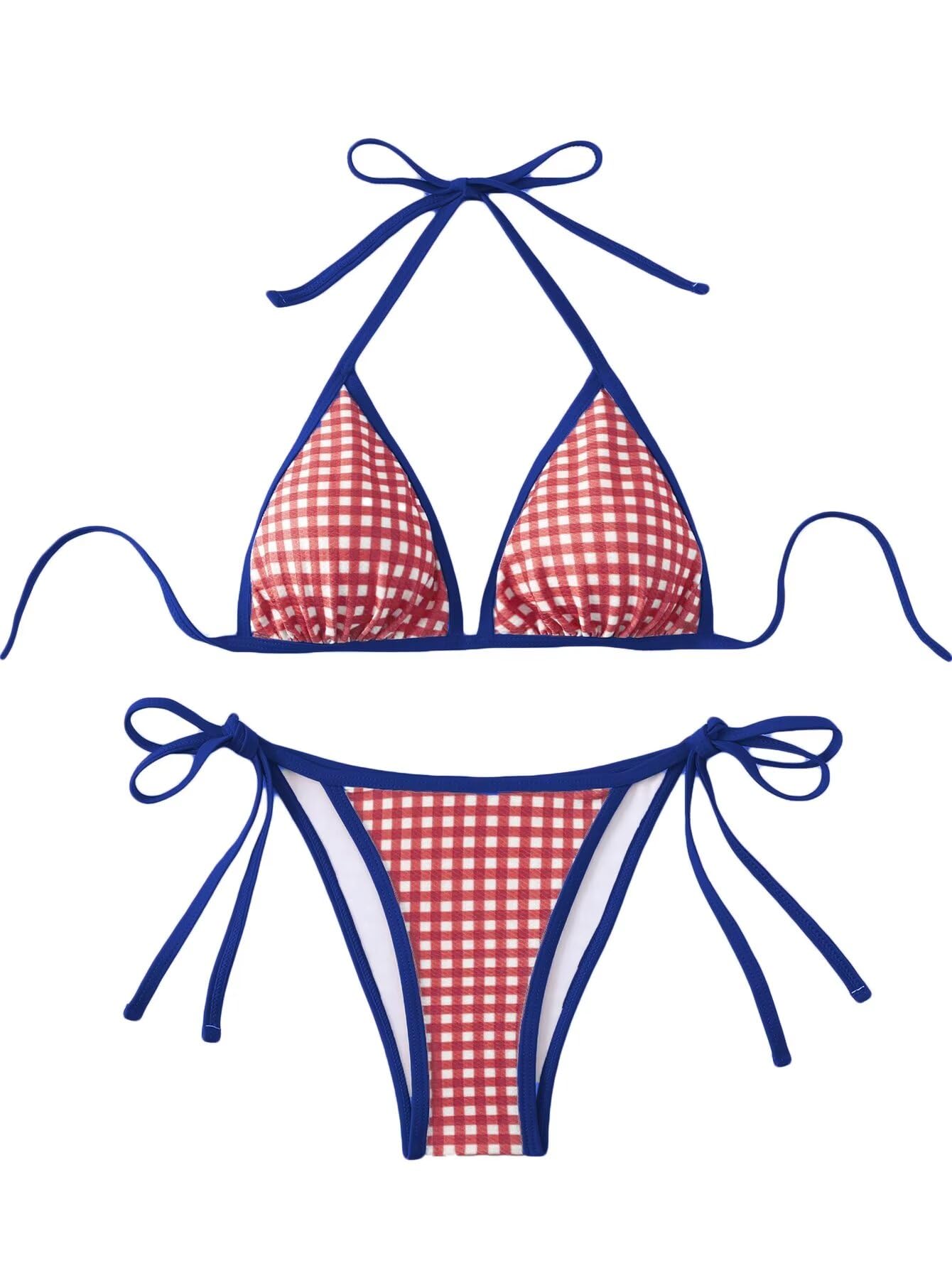Falainetee Fourth of July Womens Plaid Gingham Bathing Suit High Waisted Halter Triangle Swimsuit Bikini Set Blue Side S