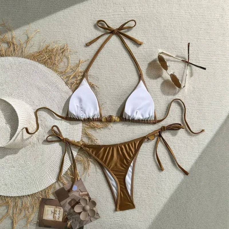 Elevate Your Swim Style with Our Shiny Brown Women's Bikini and Camisole Triangle Set - Perfect Push-Up Two-Piece!