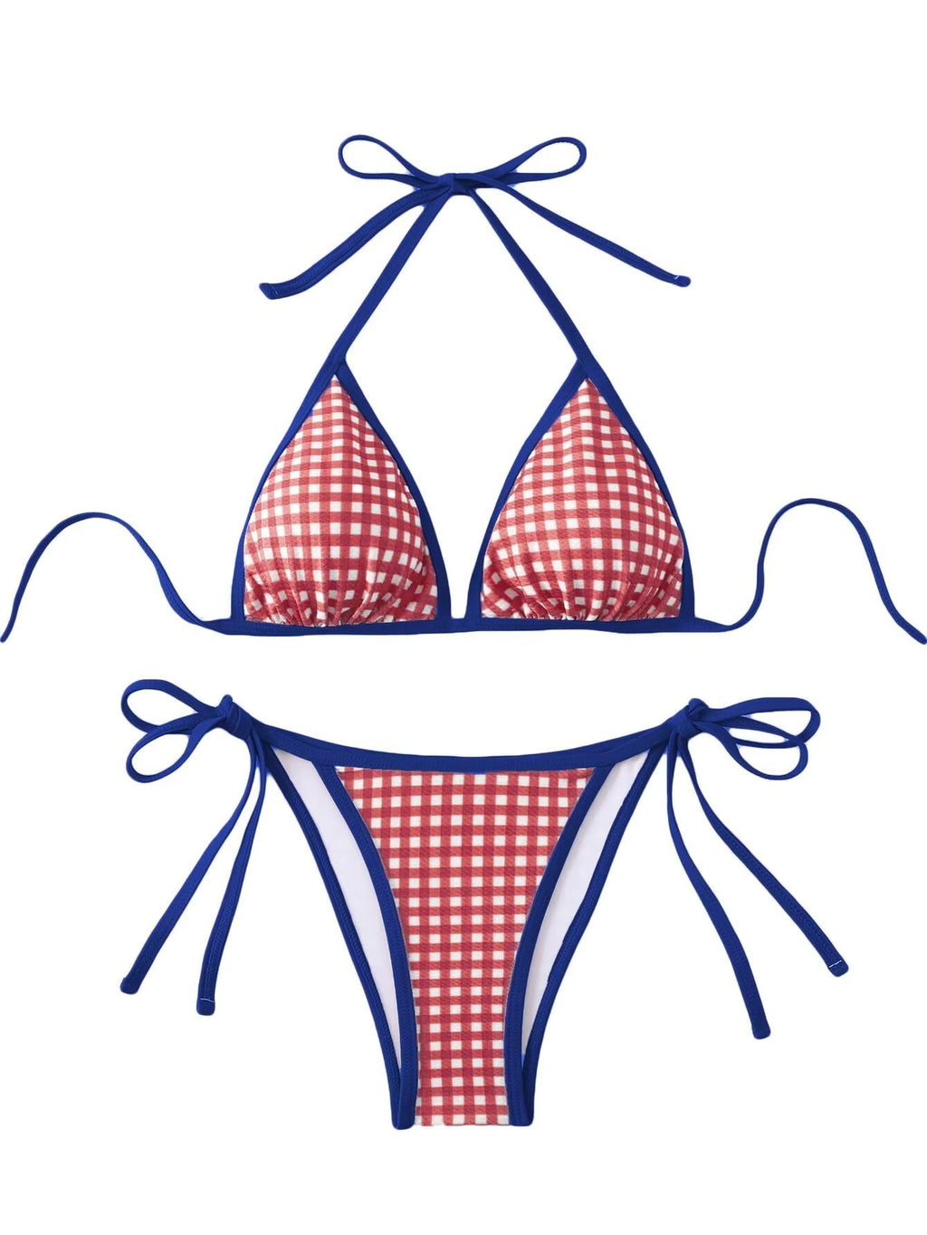 Falainetee Fourth of July Womens Plaid Gingham Bathing Suit High Waisted Halter Triangle Swimsuit Bikini Set Blue Side S