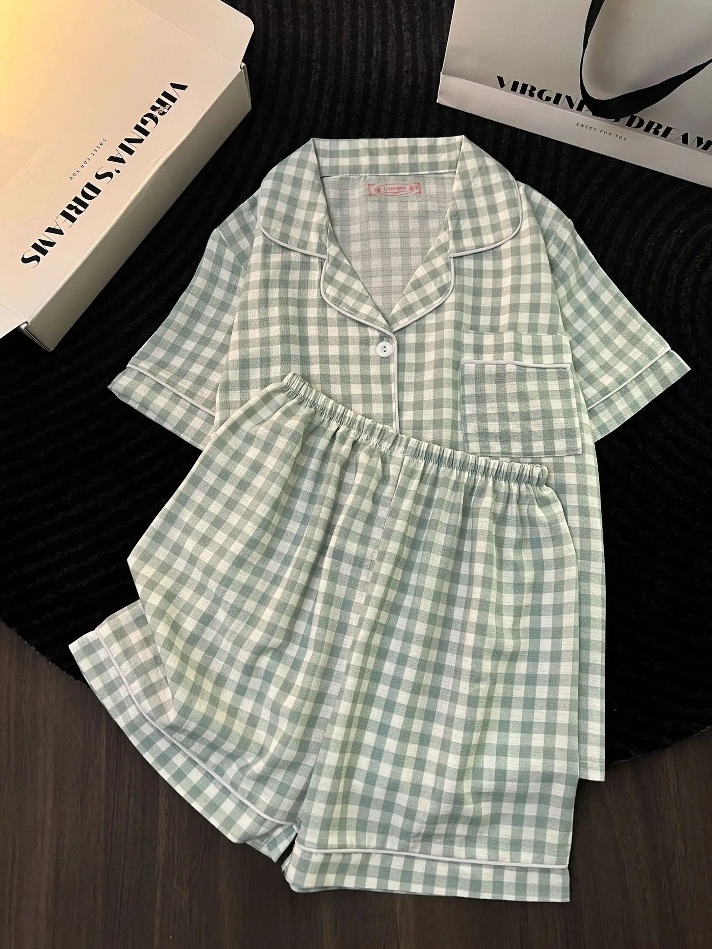 Chic Japanese-Style Summer Pajamas for Women - Cute and Comfy Short-Sleeve Set with Plaid Design