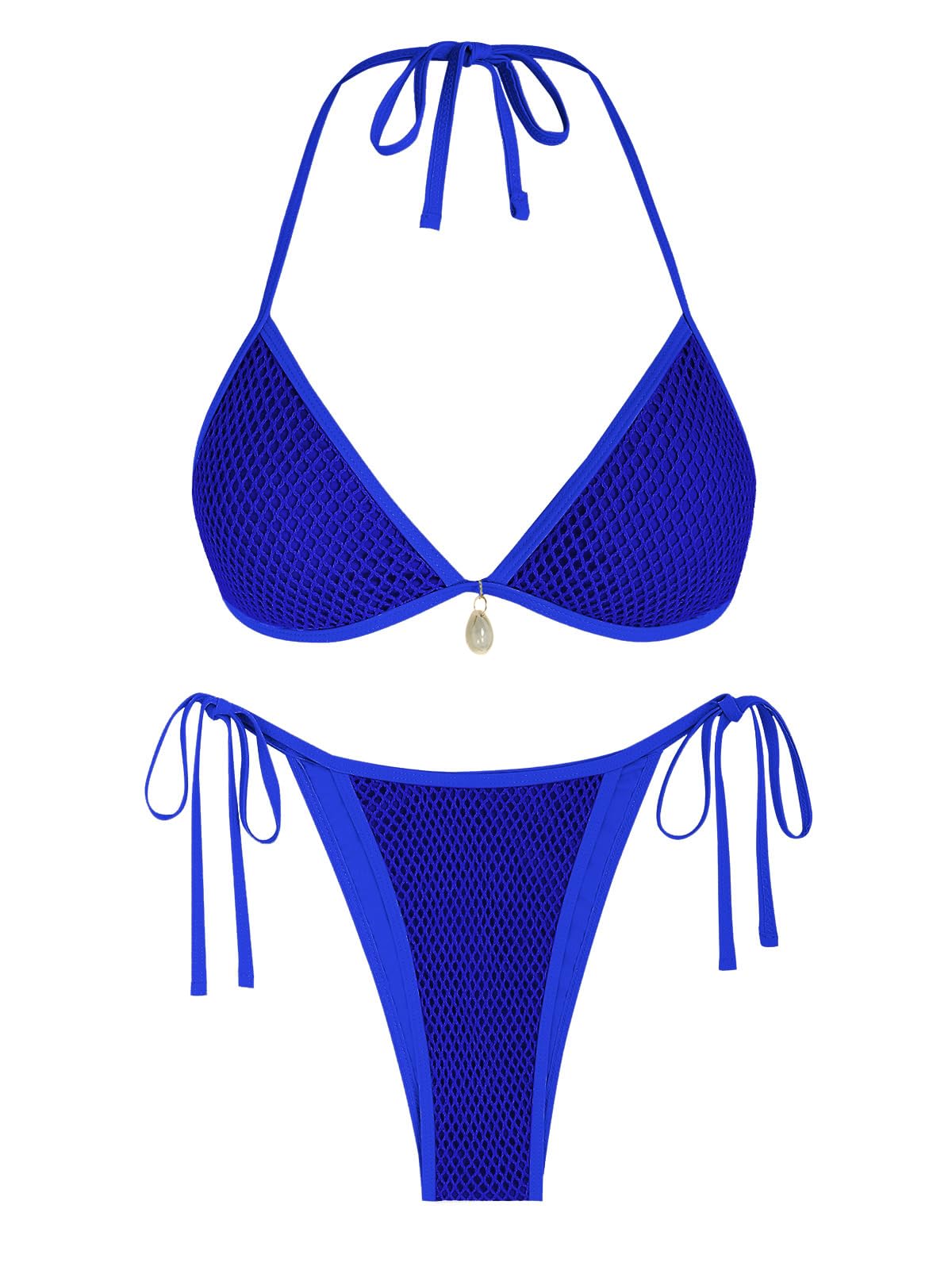 ZAFUL Halter Bikini for Women Sexy Bikini Sets Side Tie High Cut Swimsuis Trendy 2 Piece Bathing Suit Fishnet Overlay Royal Blue L