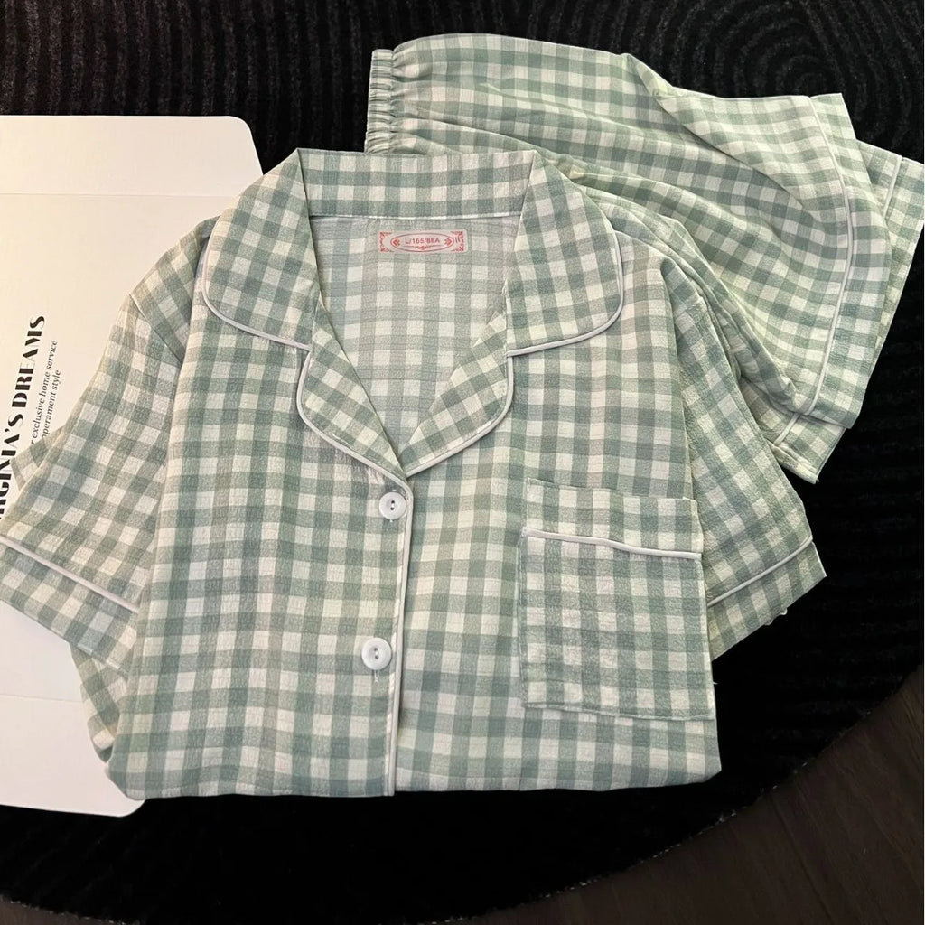 Chic Japanese-Style Summer Pajamas for Women - Cute and Comfy Short-Sleeve Set with Plaid Design