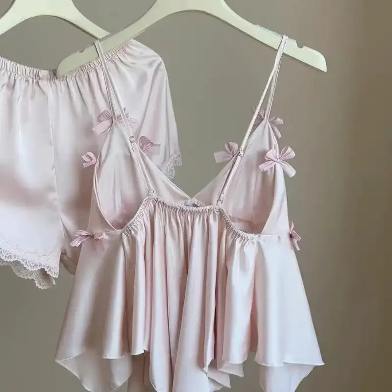 Charming Women's Satin Pajama Set with Bow Decor - Cami Top & Shorts for Summer Comfort
