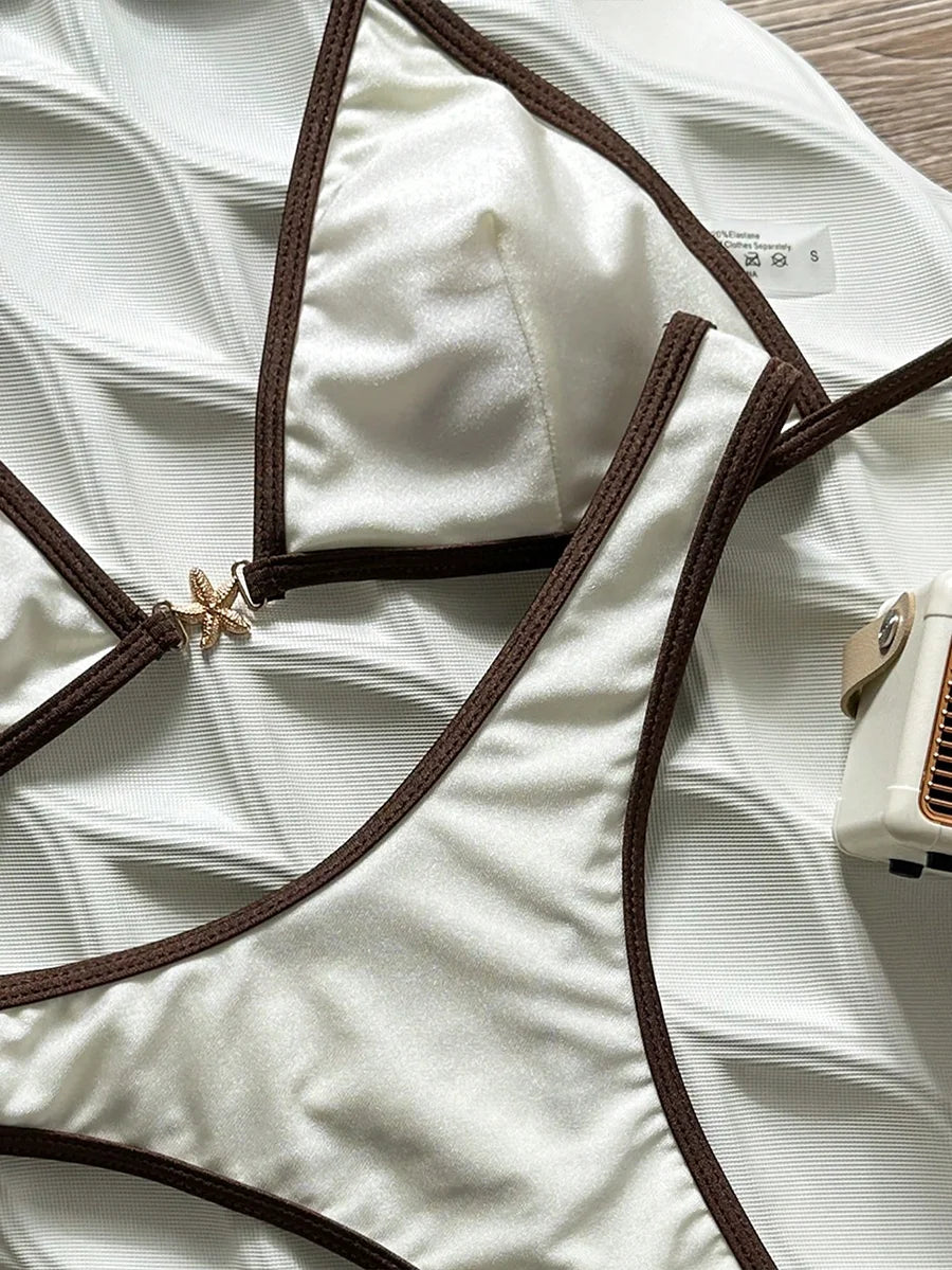 Elevate Your Summer Style with Our Luxury Satin White and Brown Trim Bikini Set - 2026 Halter Neck High Cut Swimsuit for Women
