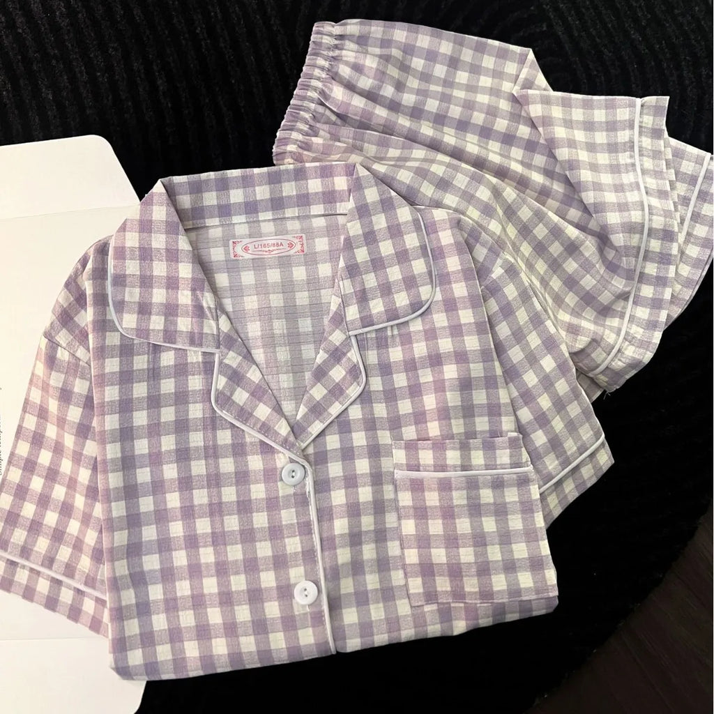 Chic Japanese-Style Summer Pajamas for Women - Cute and Comfy Short-Sleeve Set with Plaid Design