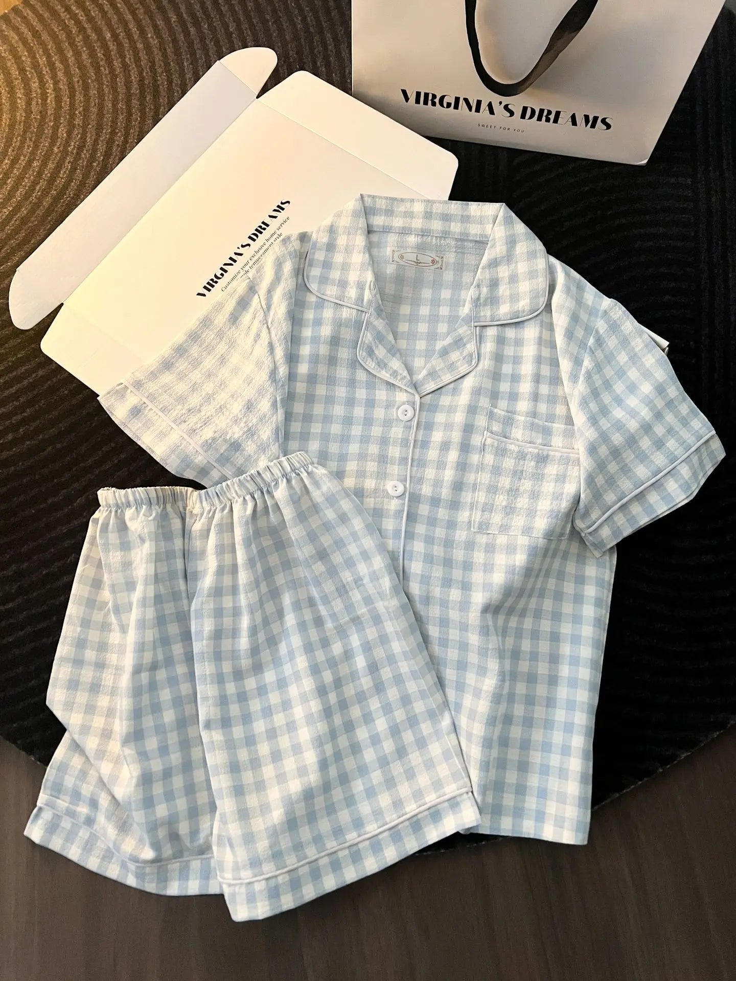Chic Japanese-Style Summer Pajamas for Women - Cute and Comfy Short-Sleeve Set with Plaid Design