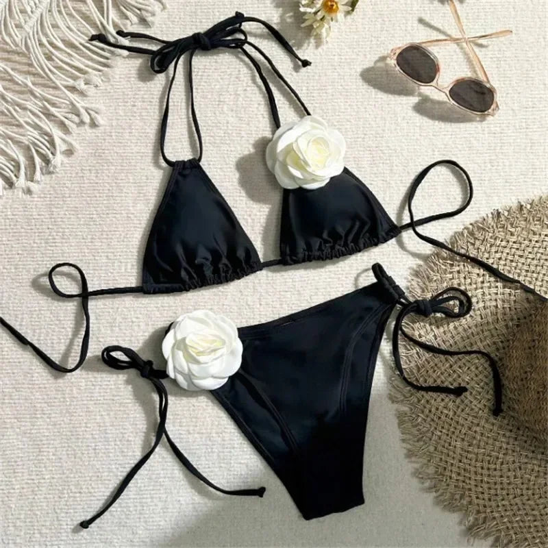 Stunning 3D Floral Lace-Up Two-Piece Bikini Set for Women - Perfect for Beach Days!