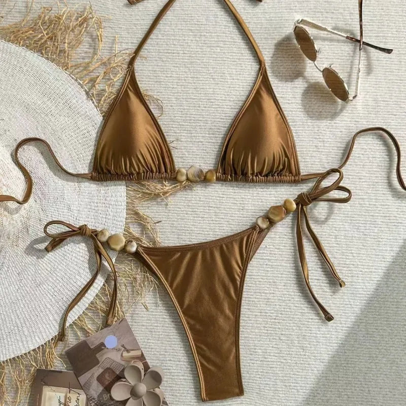 Elevate Your Swim Style with Our Shiny Brown Women's Bikini and Camisole Triangle Set - Perfect Push-Up Two-Piece!