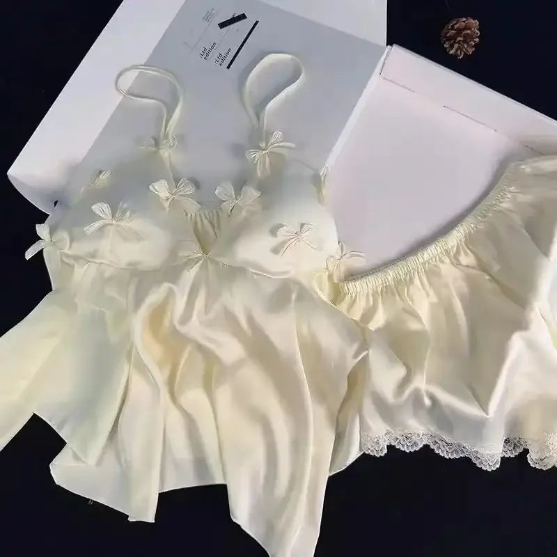 Charming Women's Satin Pajama Set with Bow Decor - Cami Top & Shorts for Summer Comfort