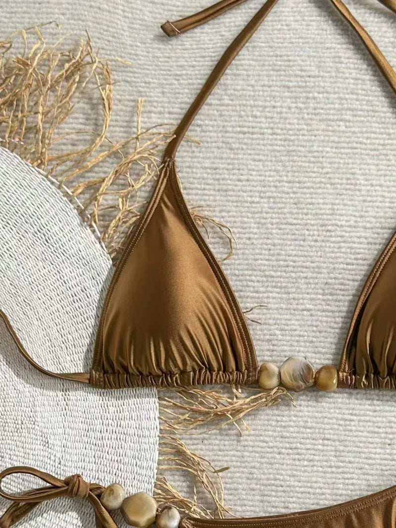 Elevate Your Swim Style with Our Shiny Brown Women's Bikini and Camisole Triangle Set - Perfect Push-Up Two-Piece!