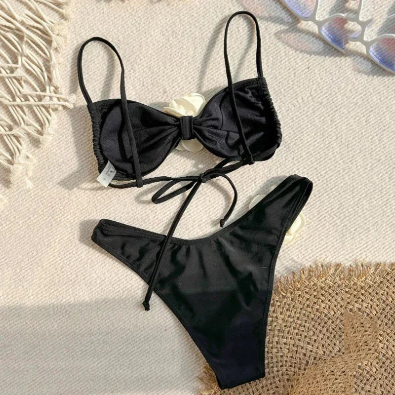 Stunning 3D Floral Lace-Up Two-Piece Bikini Set for Women - Perfect for Beach Days!