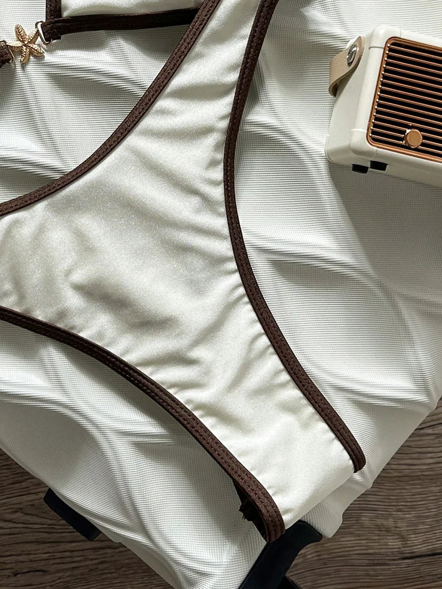 Elevate Your Summer Style with Our Luxury Satin White and Brown Trim Bikini Set - 2026 Halter Neck High Cut Swimsuit for Women