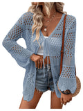 COZYEASE Womens Hollow Out Tie Front Bikini Cover Up Top Plain Long Sleeve Kimono Light Blue Large