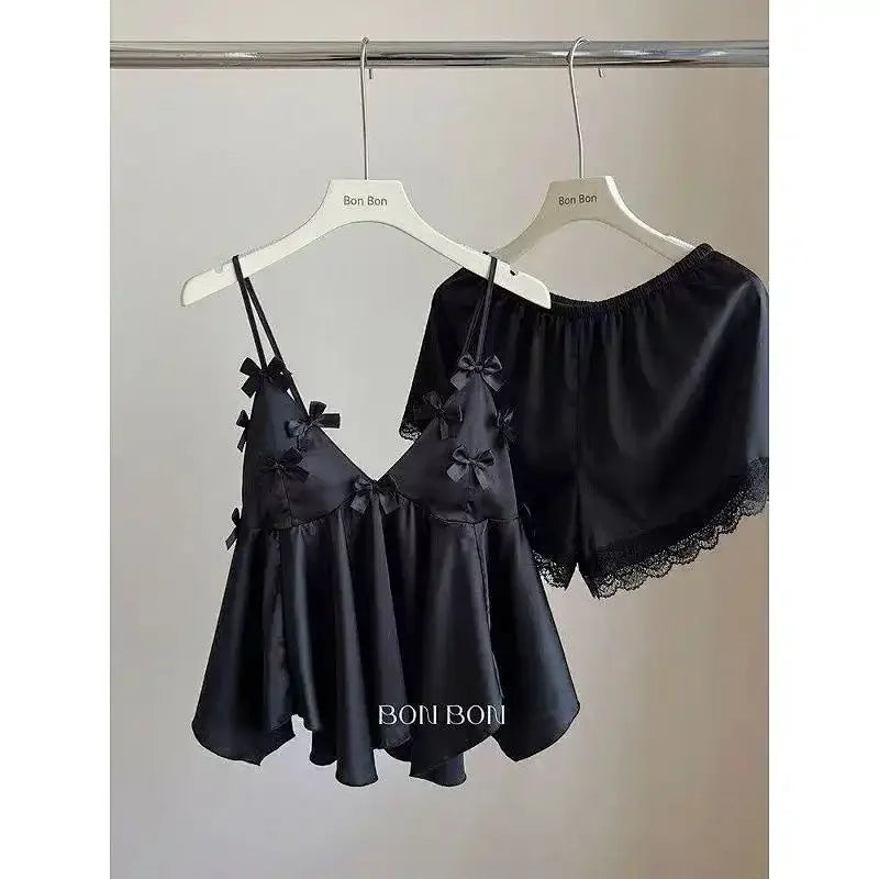 Charming Women's Satin Pajama Set with Bow Decor - Cami Top & Shorts for Summer Comfort
