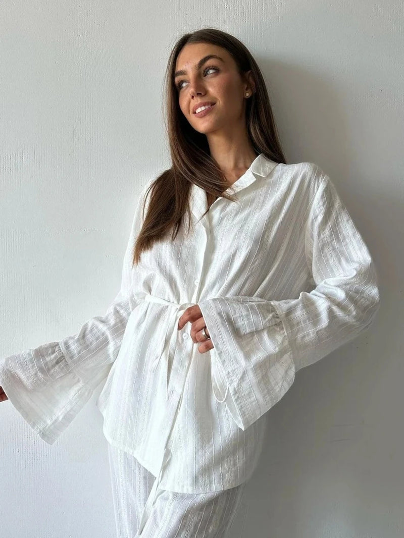 Chic Women's 100% Cotton Pajama Set - Cozy Long Sleeve Nightwear with Turn-Down Collar and Ruffle Hem