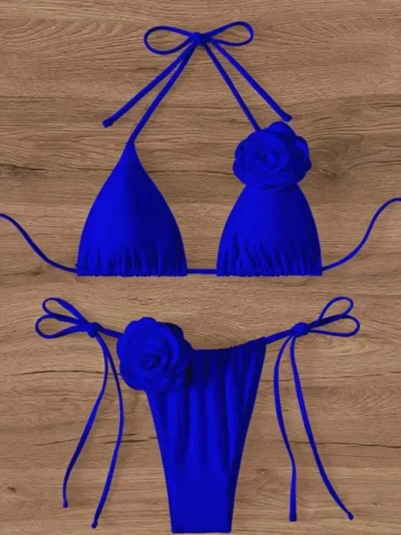 Chic Floral Bandeau Thong Bikini Set for Women - Lace-Up Beach Swimwear