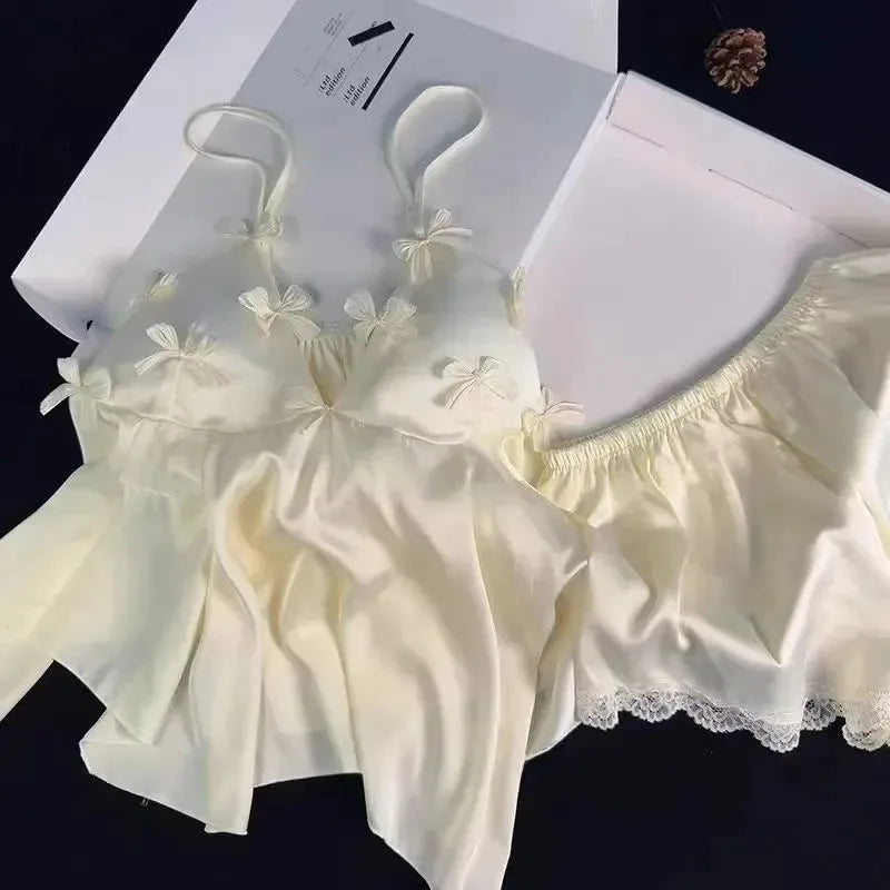Charming Women's Satin Pajama Set with Bow Decor - Cami Top & Shorts for Summer Comfort