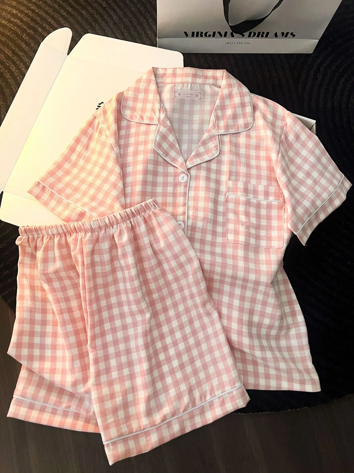 Chic Japanese-Style Summer Pajamas for Women - Cute and Comfy Short-Sleeve Set with Plaid Design