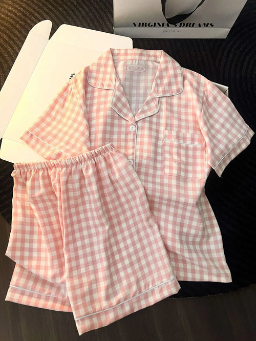 Chic Japanese-Style Summer Pajamas for Women - Cute and Comfy Short-Sleeve Set with Plaid Design