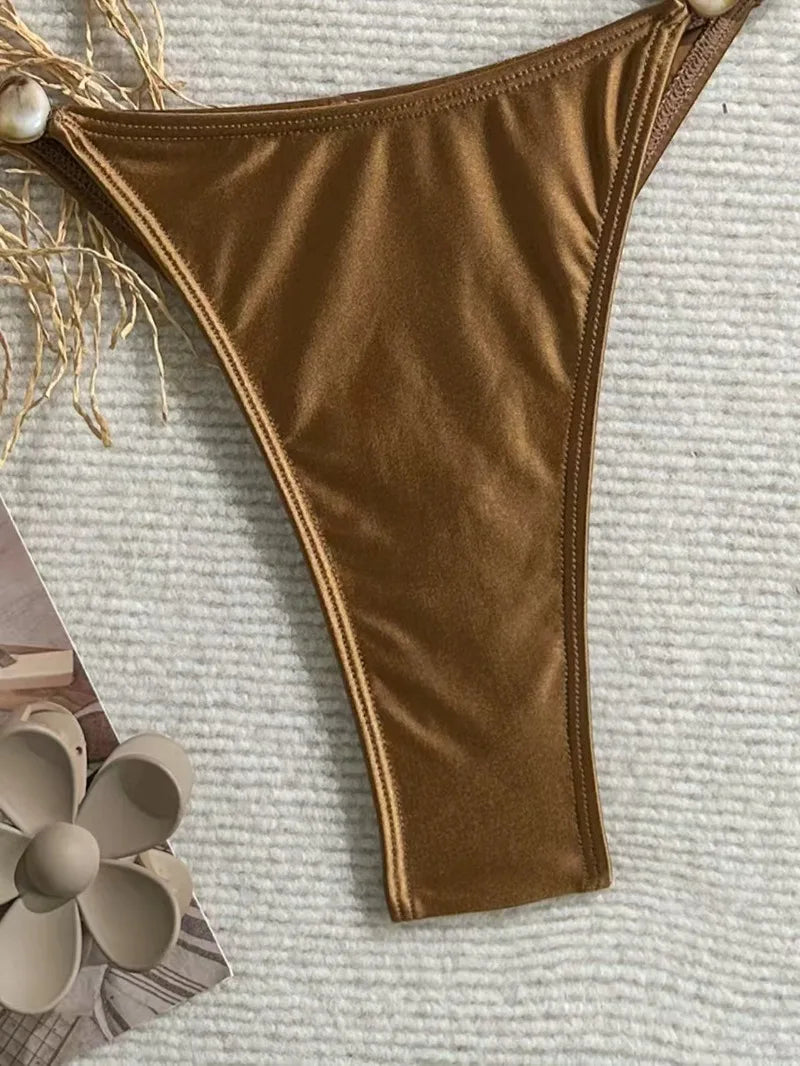 Elevate Your Swim Style with Our Shiny Brown Women's Bikini and Camisole Triangle Set - Perfect Push-Up Two-Piece!