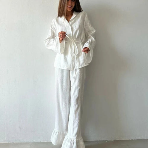 Chic Women's 100% Cotton Pajama Set - Cozy Long Sleeve Nightwear with Turn-Down Collar and Ruffle Hem