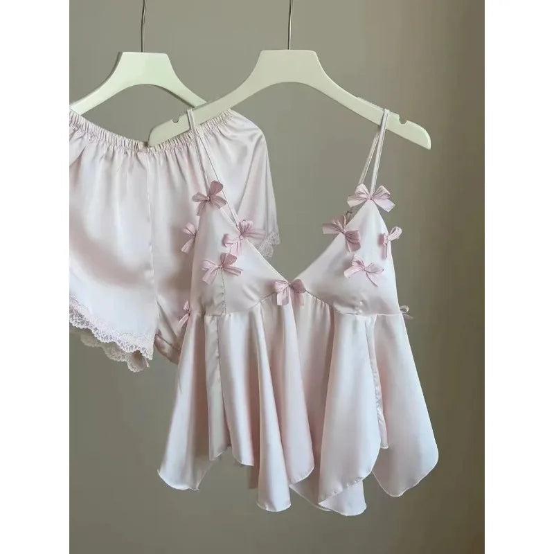 Charming Women's Satin Pajama Set with Bow Decor - Cami Top & Shorts for Summer Comfort