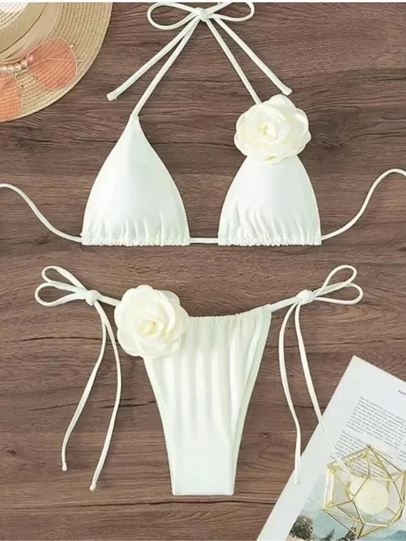 Chic Floral Bandeau Thong Bikini Set for Women - Lace-Up Beach Swimwear