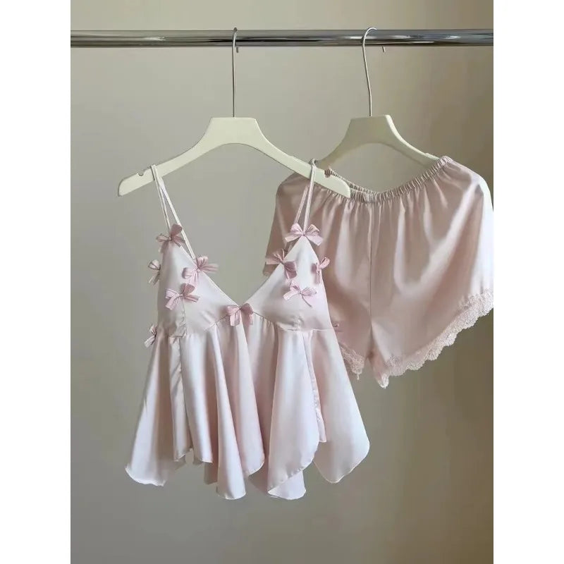 Charming Women's Satin Pajama Set with Bow Decor - Cami Top & Shorts for Summer Comfort