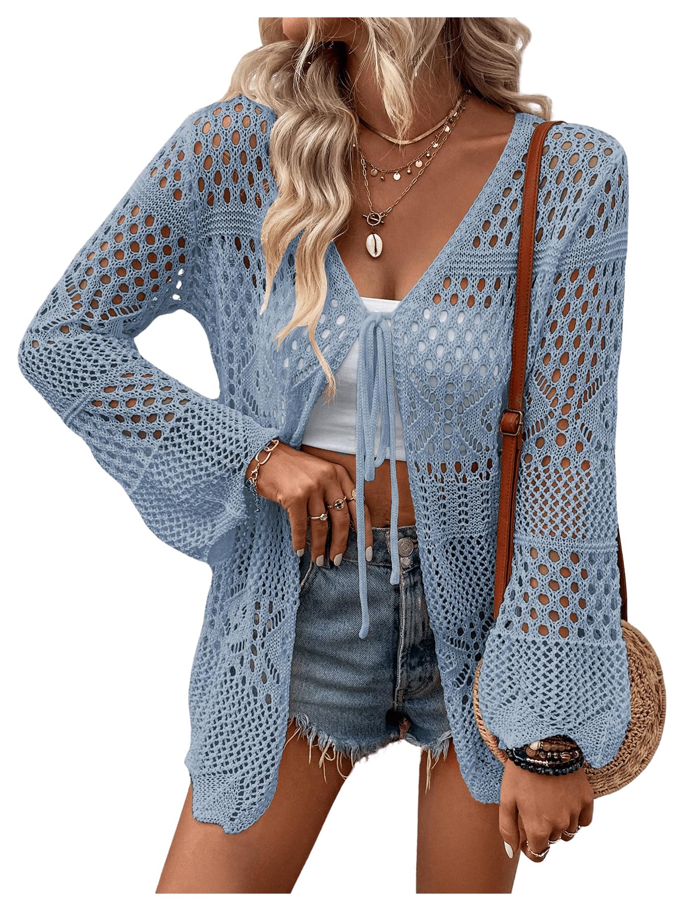 COZYEASE Womens Hollow Out Tie Front Bikini Cover Up Top Plain Long Sleeve Kimono Light Blue Large