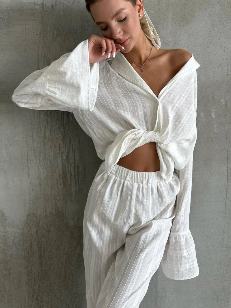 Chic Women's 100% Cotton Pajama Set - Cozy Long Sleeve Nightwear with Turn-Down Collar and Ruffle Hem