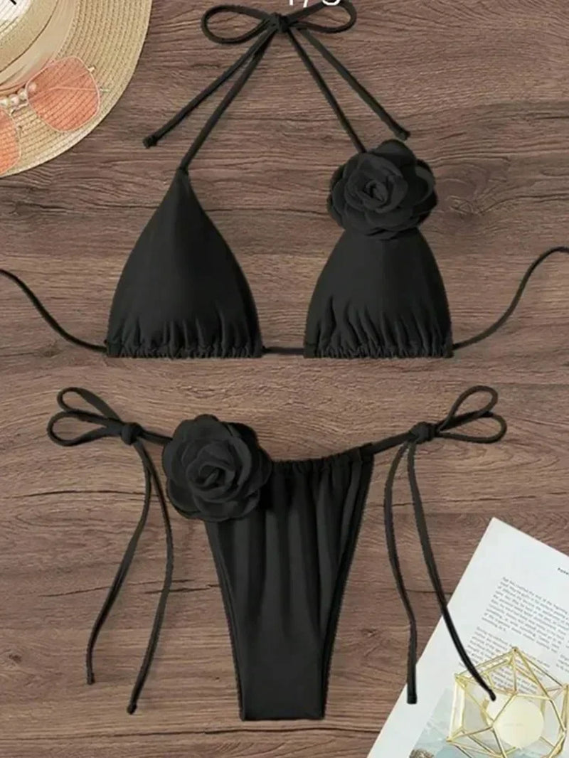 Chic Floral Bandeau Thong Bikini Set for Women - Lace-Up Beach Swimwear
