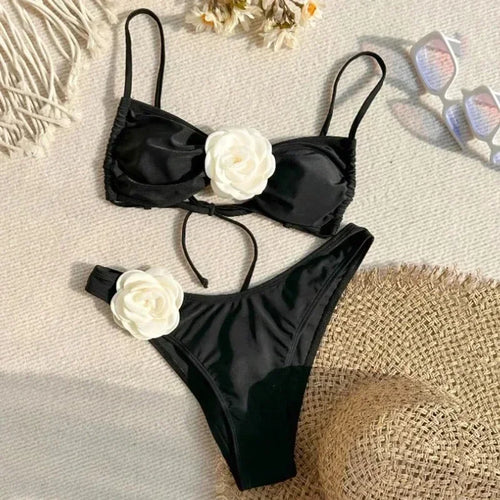 Chic Floral Bandeau Thong Bikini Set for Women - Lace-Up Beach Swimwear