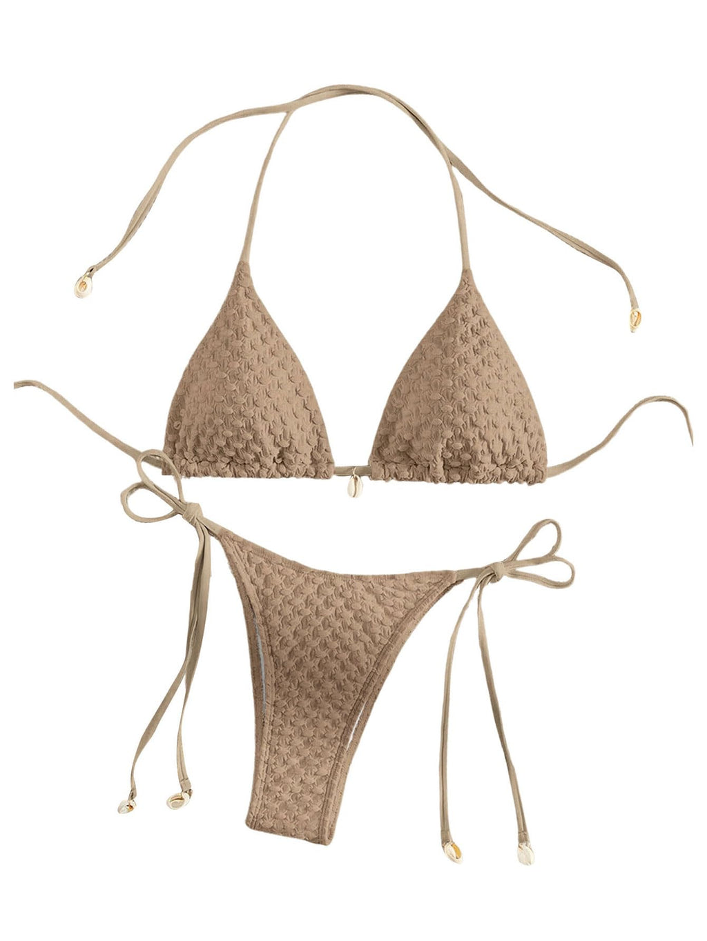 SHENHE Womens 2 Piece Halter Swimsuit Textured Tie Side Triangle Bikini Bathing Suit Shell Decor Khaki Small